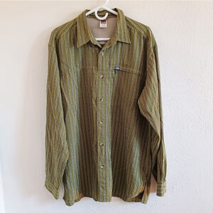 The North Face Green Striped Roll Tab Long Sleeve Outdoor Button Shirt XL